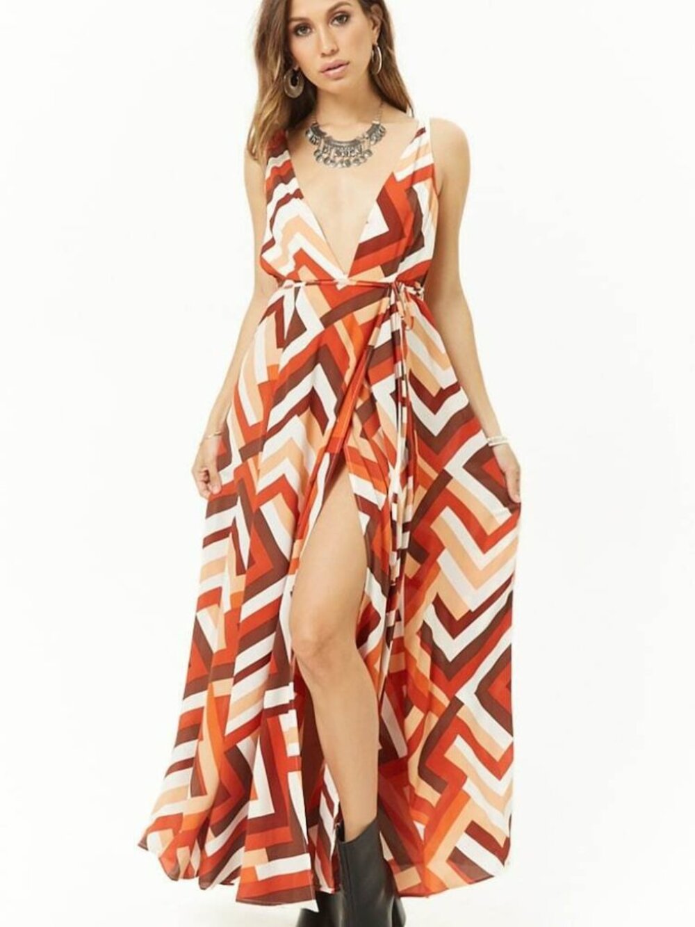 Forever 21 Rust Ivory Chevron Print Faux-Wrap Maxi Dress Small S